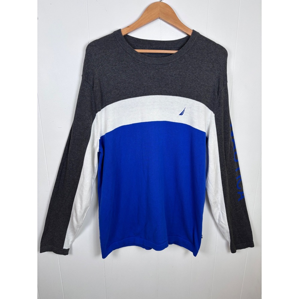 Nautica Color Block Sweater Pullover Knit Logo Mens XL Blue White